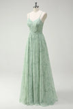 Dusty Sage A Line Spaghetti Straps Print Floral Long Bridesmaid Dress with Slit