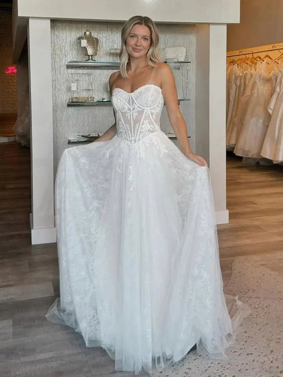 Charming A Line Strapless Tulle Lace Wedding Dresses