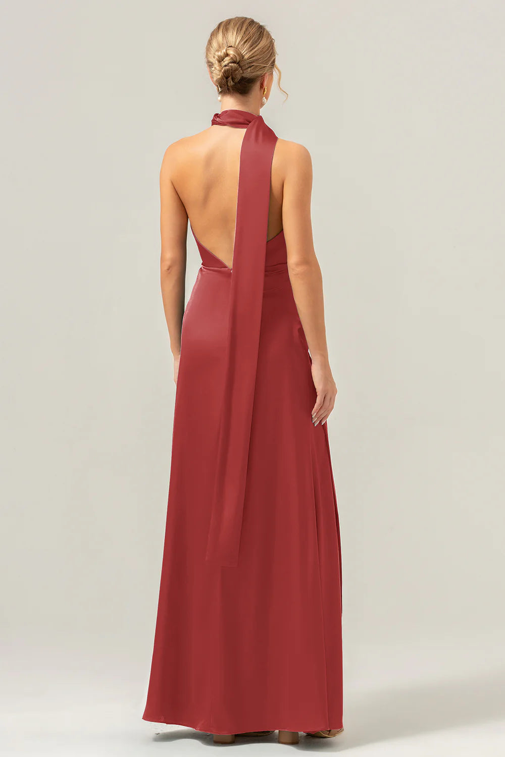 Peacock Sheath Deep V Neck Open Back Convertible Long Satin Bridesmaid Dress with Streamer