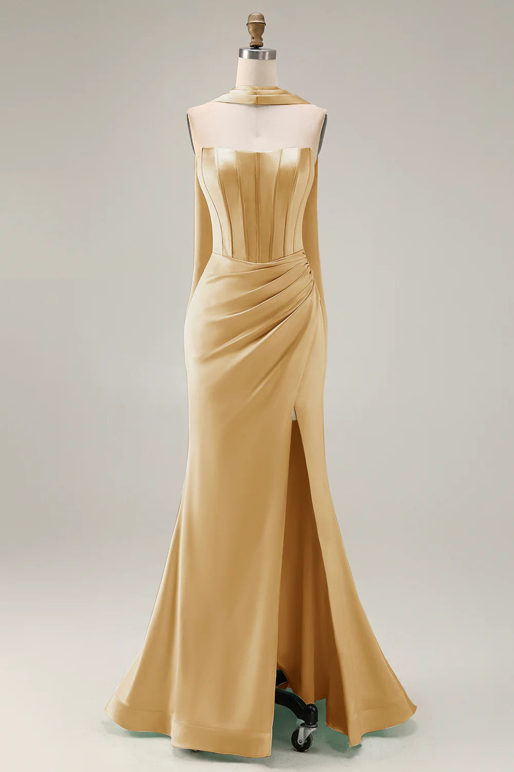 Light Green Strapless Mermaid Corset Ruched Long Prom Dress with Streamer