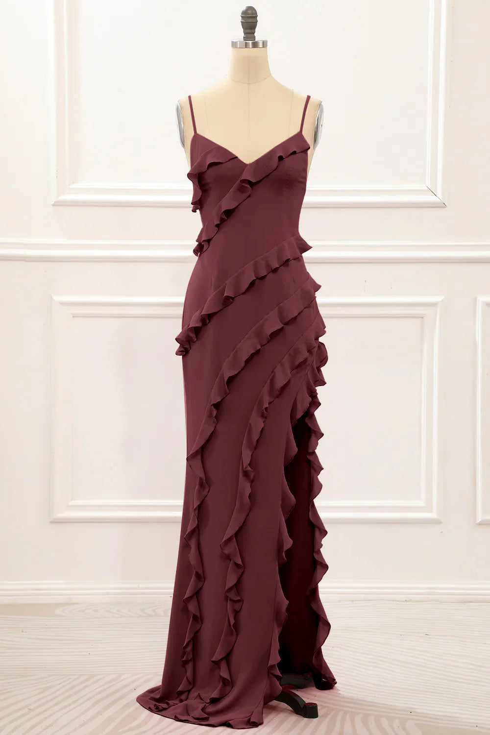 Spaghetti Straps Jade Tiered Mermaid Bridesmaid Dress With Slit