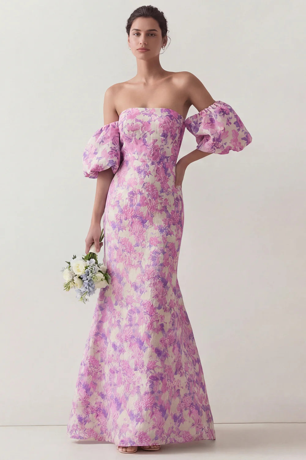 Blue White Flower Mermaid Strapless Satin Convertible Dress with Removable Sleeves