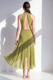 Halter A Line Olive Midi Wedding Guest Dress