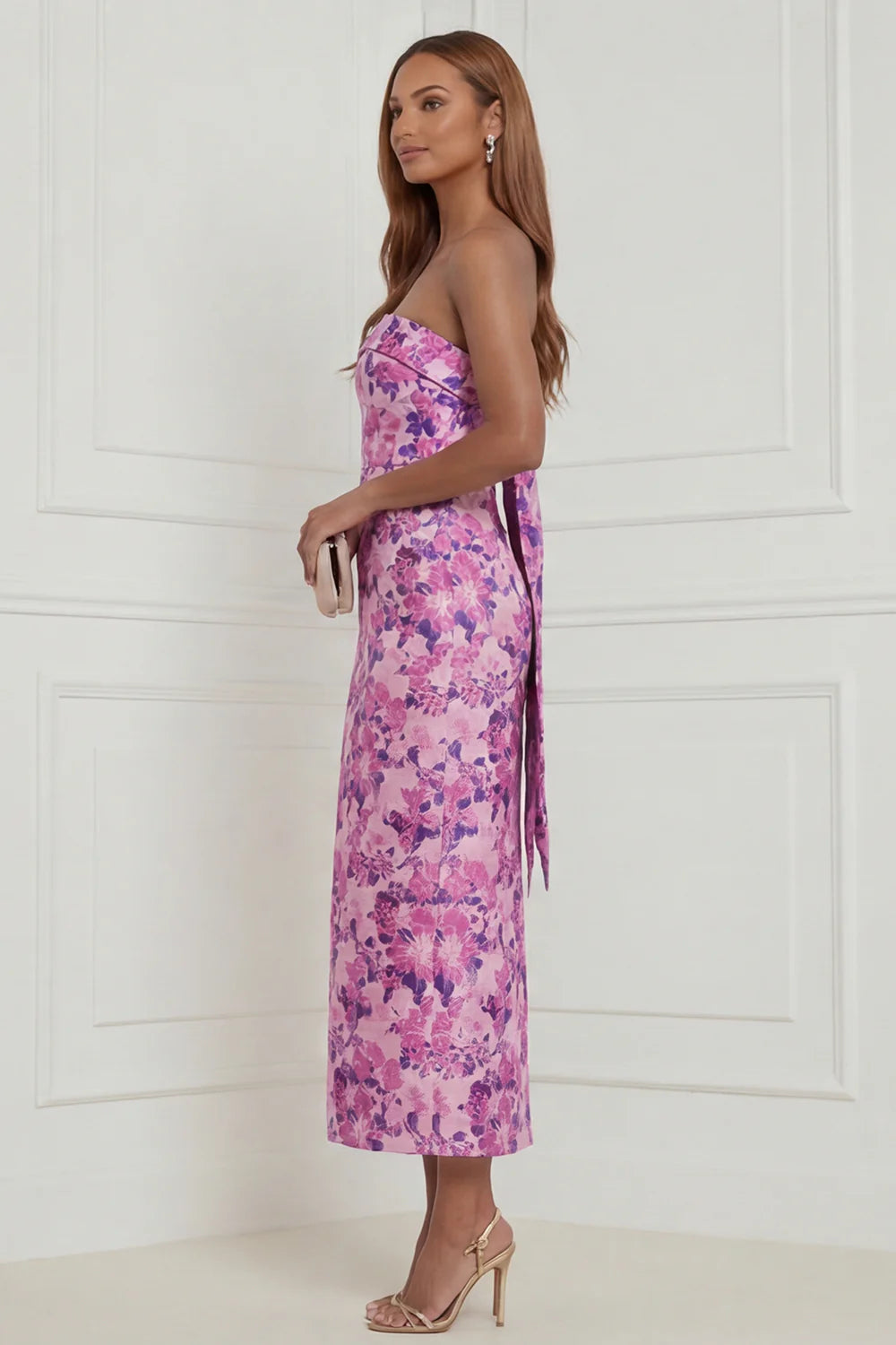 Strapless Fuchsia Sheath Floral Midi Wedding Guest Dress with Bow