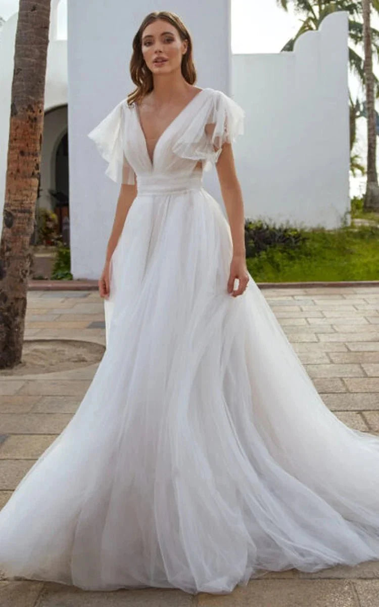 Casual Beach A Line Tulle Wedding Dress With V neck And Low V Back