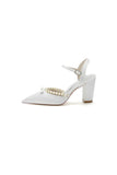 Pearl Pointed Toe Ankle Strap Chunky Heels With Bow