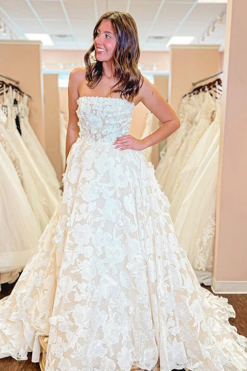 A Line Strapless Floral Lace Wedding Dresses