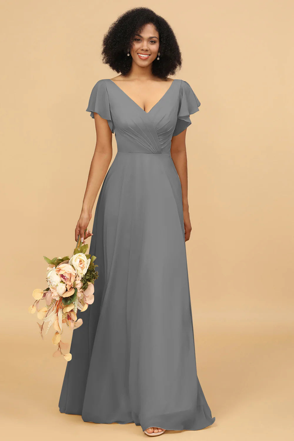 V Neck Cape Long Floor Length Chiffon Bridesmaid Dress
