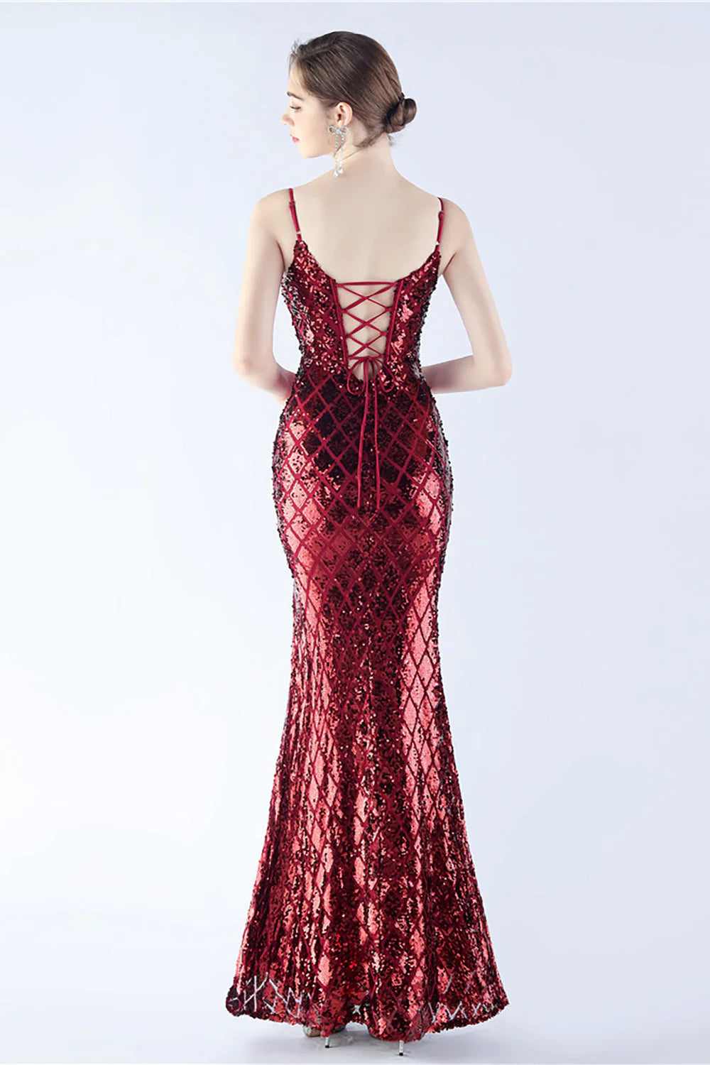Burgundy Sheath Spaghetti Straps V neck Sequin Formal Dress with Slit