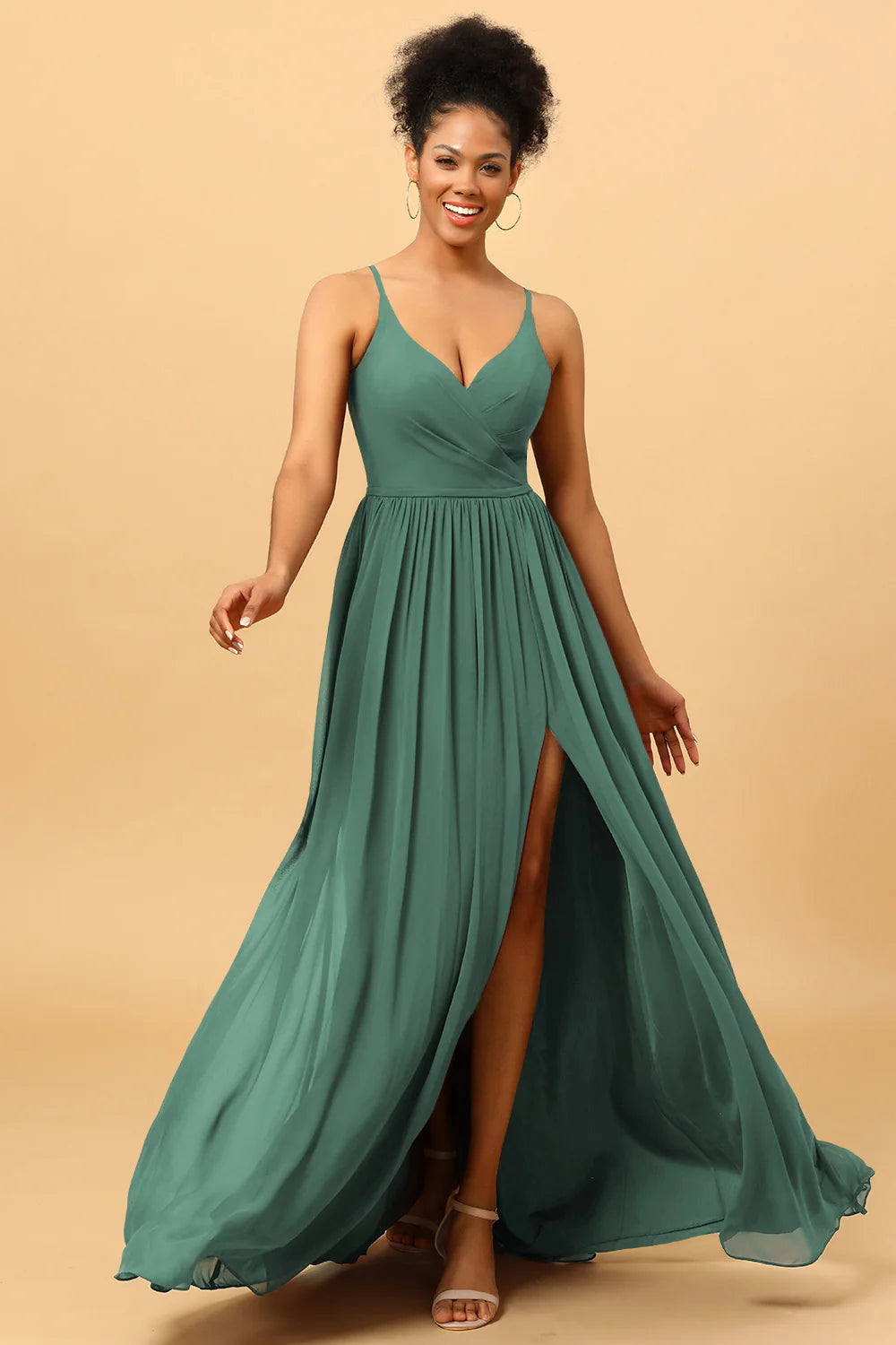 A Line Spaghetti Straps Ruched Long Chiffon Bridesmaid Dress with Slit