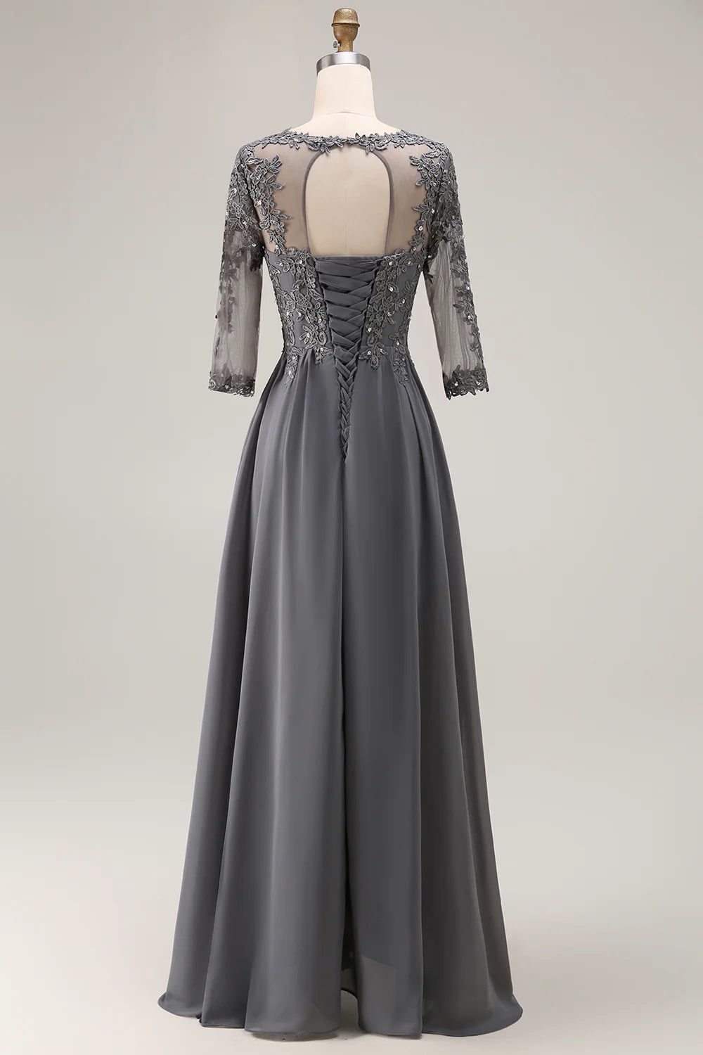 Steel Grey Appliqued A Line Half Sleeves Mother Of The Bride Dress with Back Keyhole
