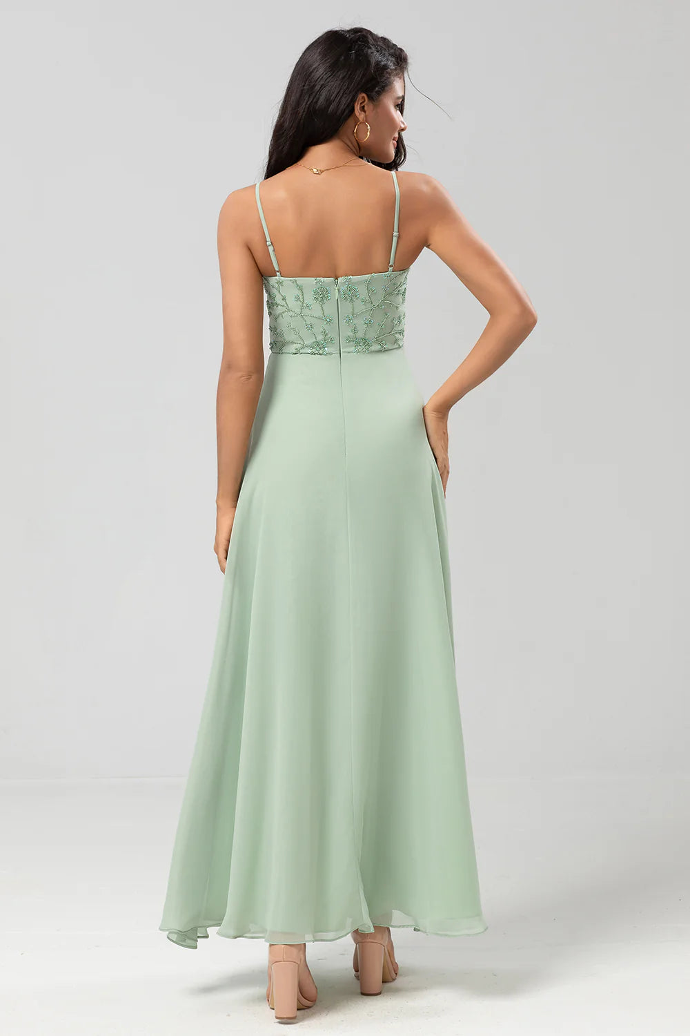 Dusty Sage A Line Spaghetti Straps Embroidered Chiffon Bridesmaid Dress