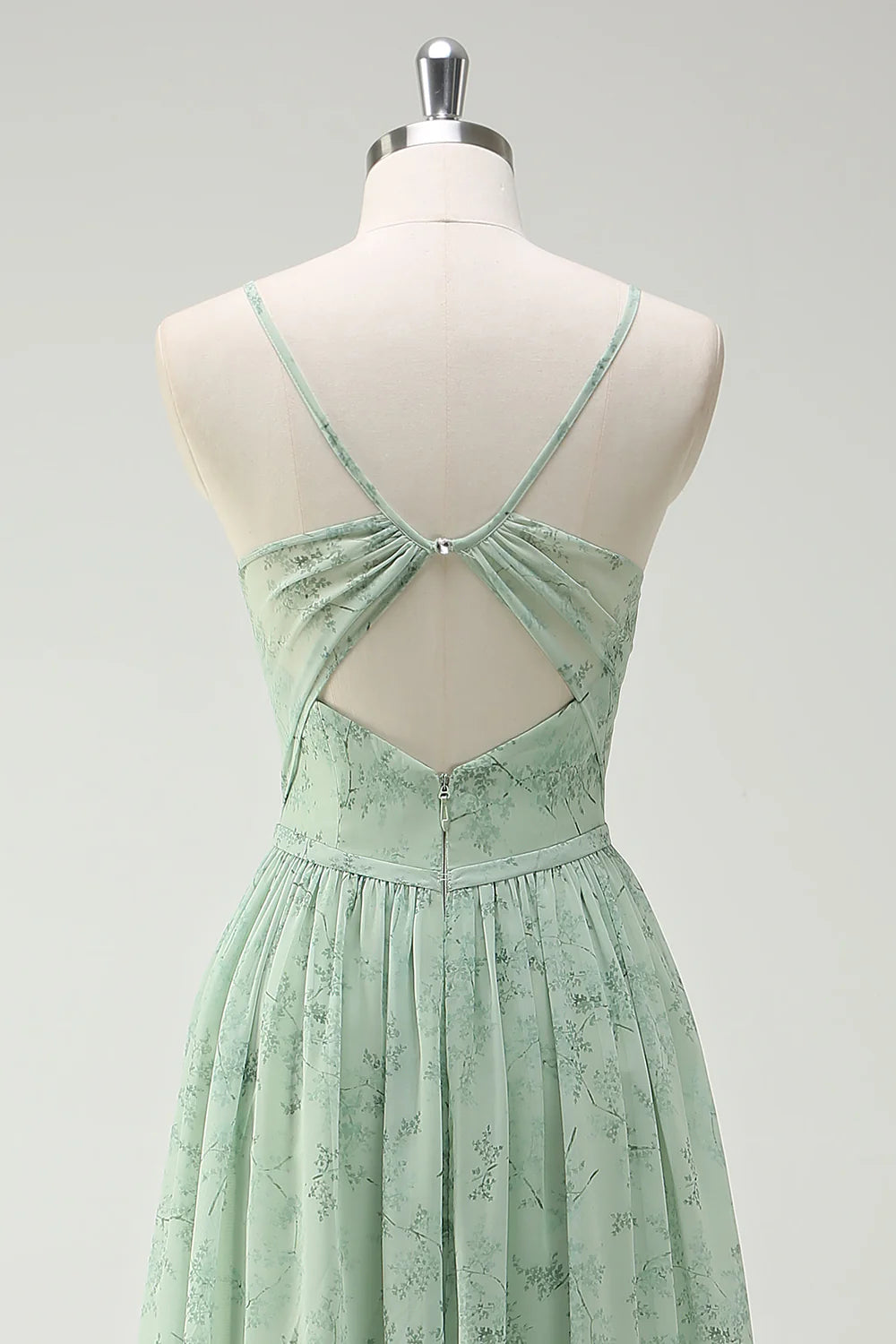 Dusty Sage A Line Spaghetti Straps Print Floral Long Bridesmaid Dress with Slit