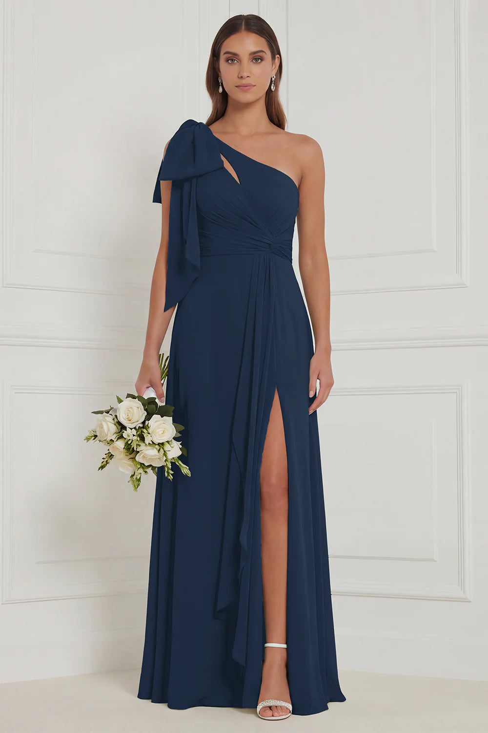 Sage A Line One Shoulder Long Bridesmaid Dress with Slit