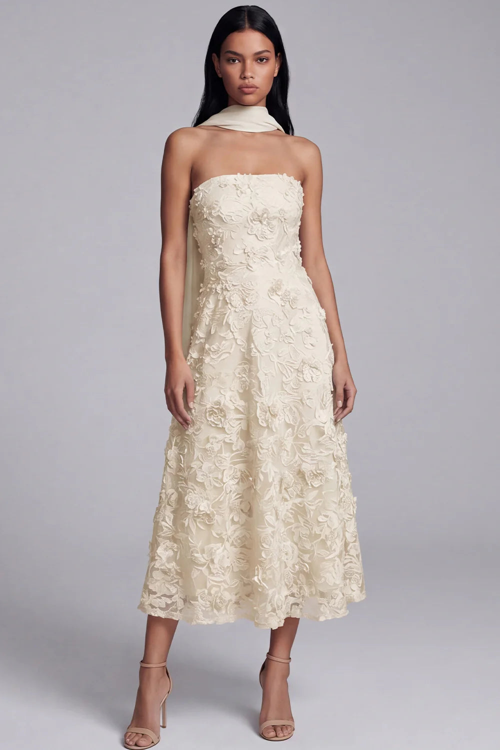Strapless Blue Appliqued A Line Midi Wedding Guest Dress