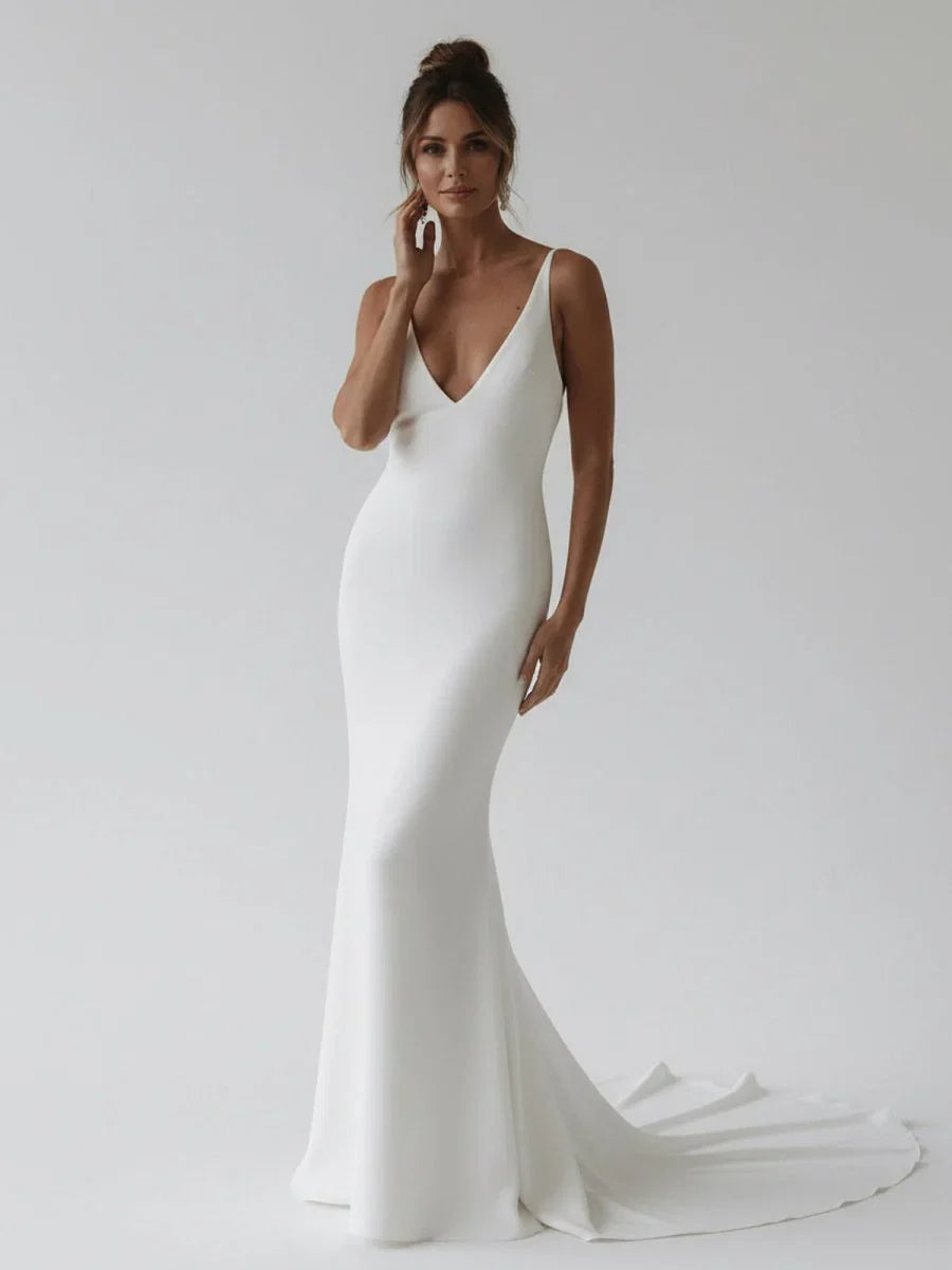 Elegant Mermaid V Neck Elastic Satin Long Wedding Dresses