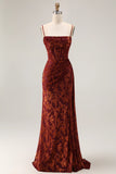 Burgundy Mermaid Corset Streamer Velvet Burnout Long Bridesmaid Dress with Slit