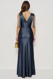 Navy Mermaid V Neck Satin Long Formal Dress