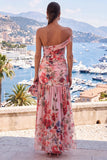 One Shoulder Pink Red Flower Ruched Wedding Guest Dress