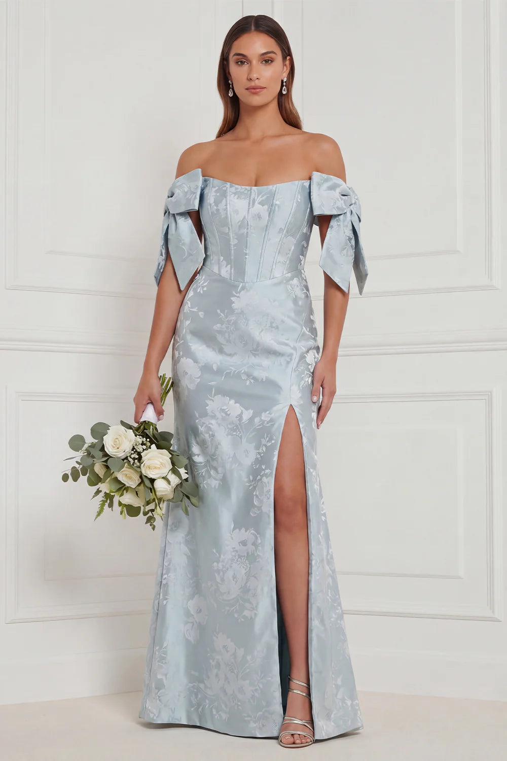 Off the Shoulder Blue Floral Mermaid Bridesmaid Dress with Slit