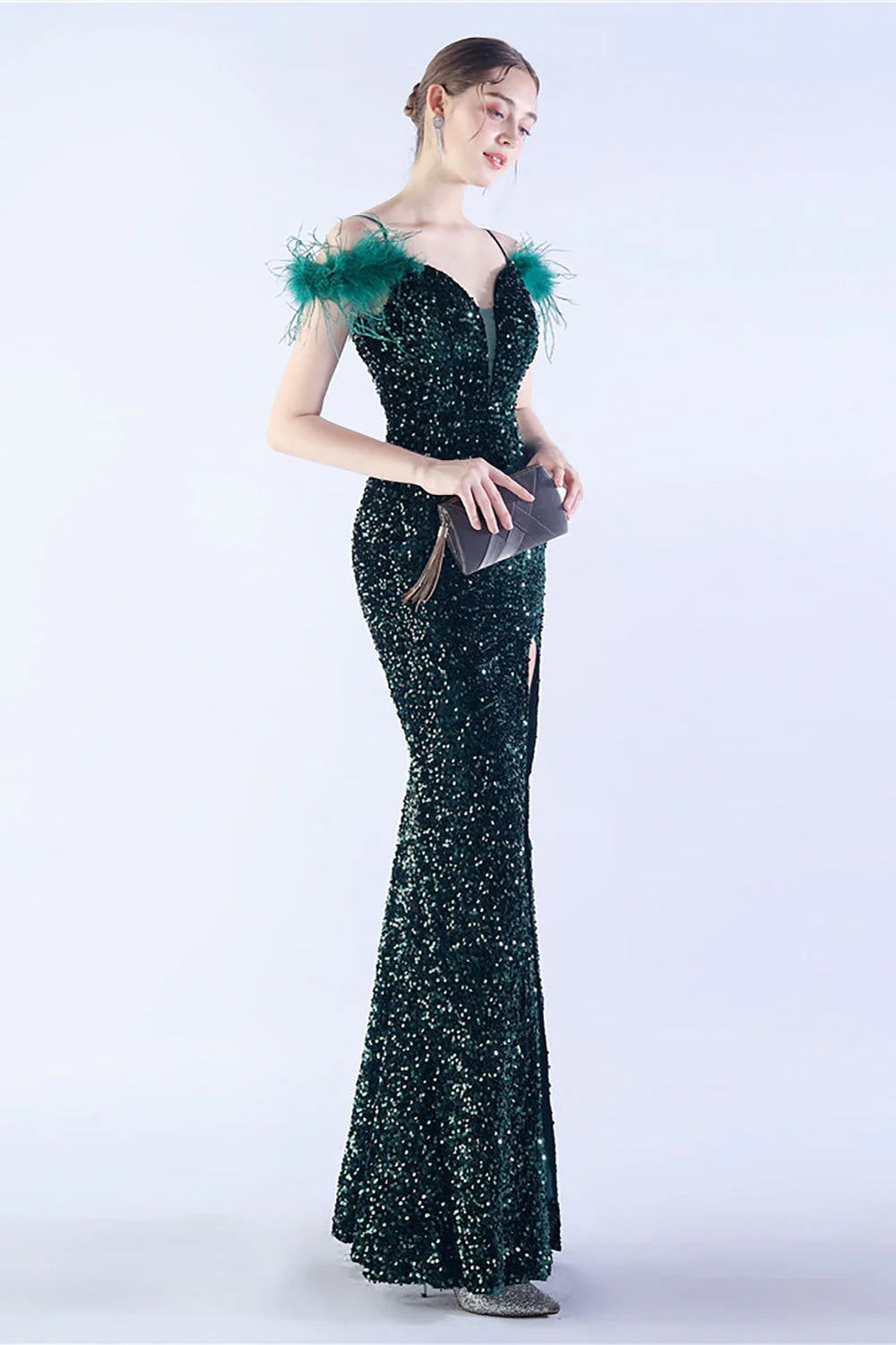 Mermaid Spaghetti Straps Sequin Formal Dress With Feathers