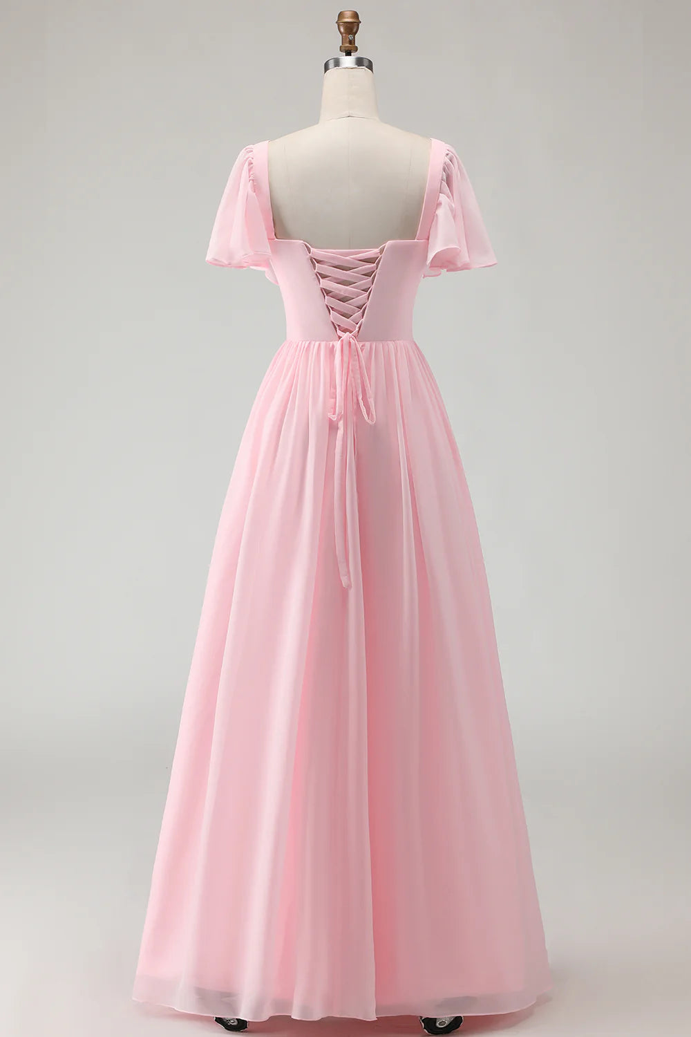Candy Pink A Line Flutter Sleeves Long Bridesmaid Dress with Lace Up Back