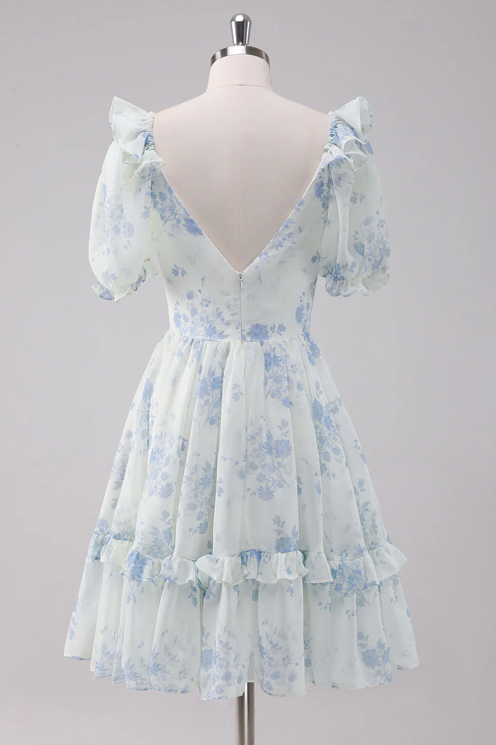 Light Blue Floral Short Homecoming Dress with Short Sleeves