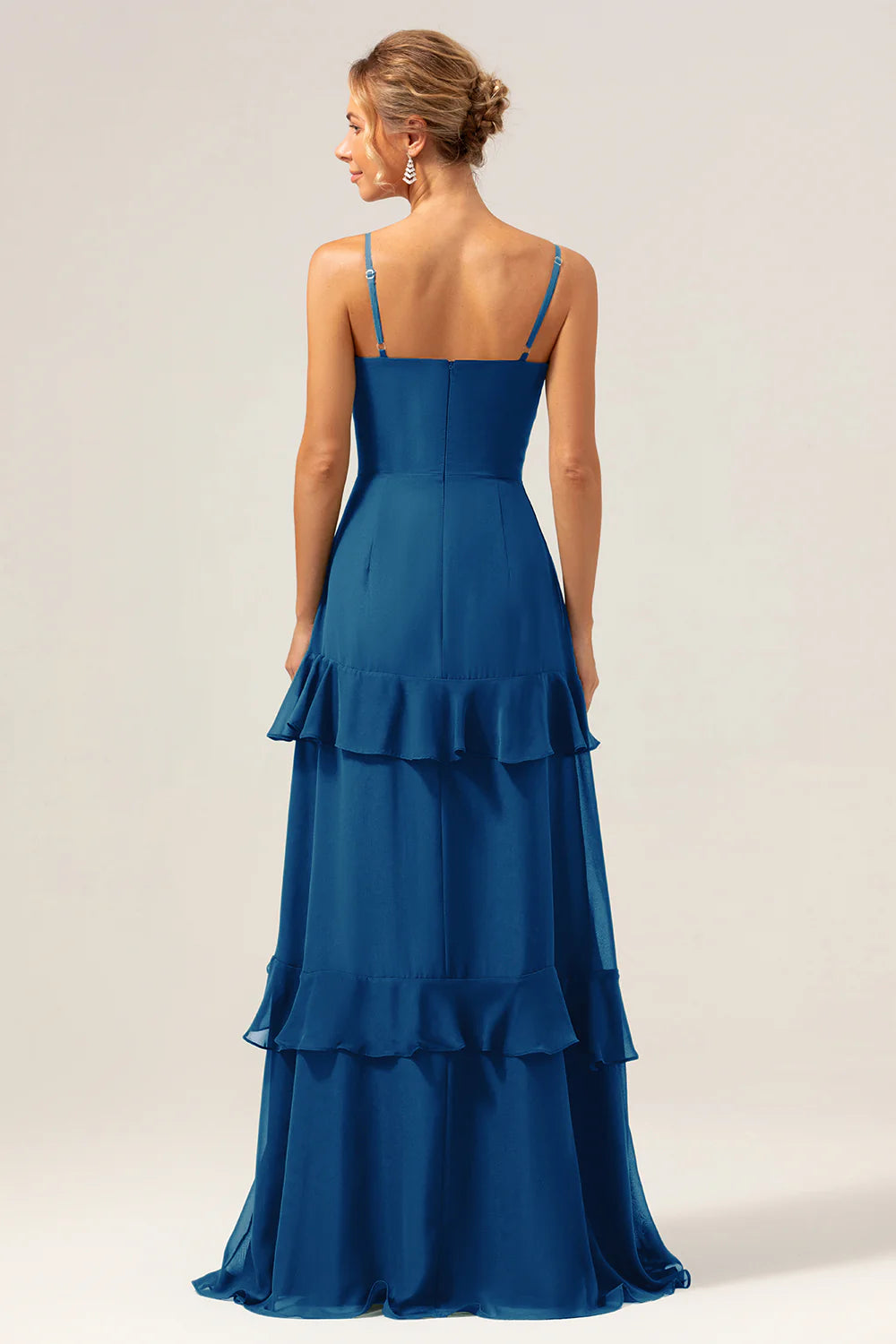 Dark Green A Line Spaghetti Straps Ruffled Chiffon Floor Length Bridesmaid Dress with Slit