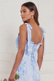 Blue Floral A Line Square Neck Long Bridesmaid Dress