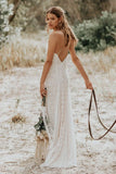 Lace Spaghetti V neck Sheath Wedding Gown With Straps And Open Back