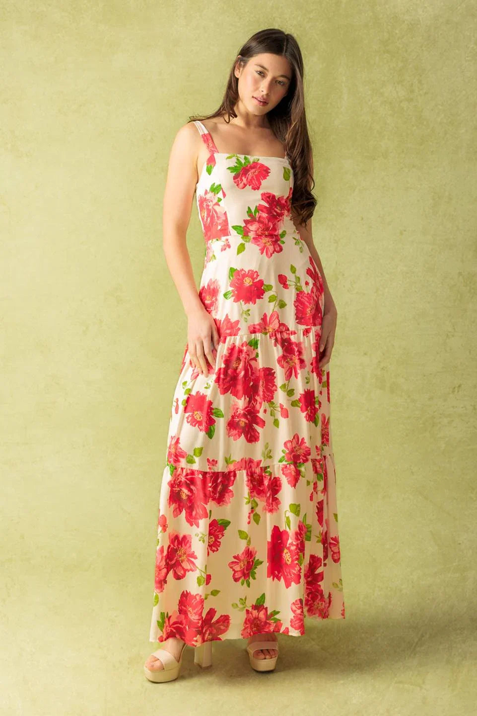 CRIMSON BLOOMS RED FLORAL MAXI DRESS