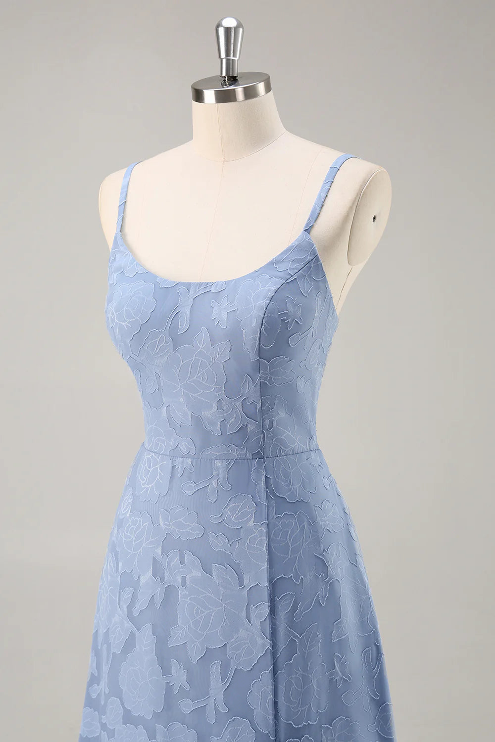 Dusty Blue A Line Floral Burnout Maxi Bridesmaid Dress with Slit