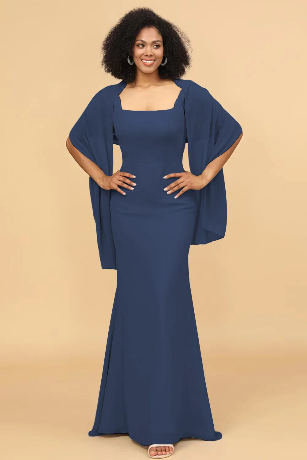 Mermaid Square Neck Long Chiffon Bridesmaid Dress with Cape