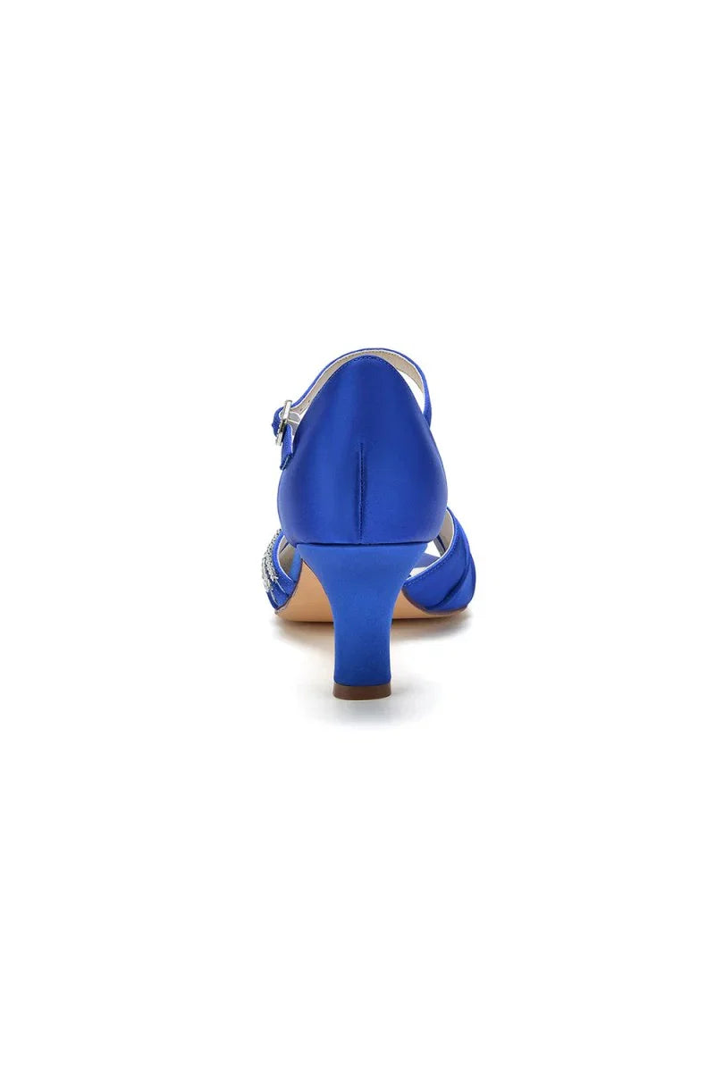 Blue Satin Heels with Elegant Silver Buckle and Rhinestone Detail