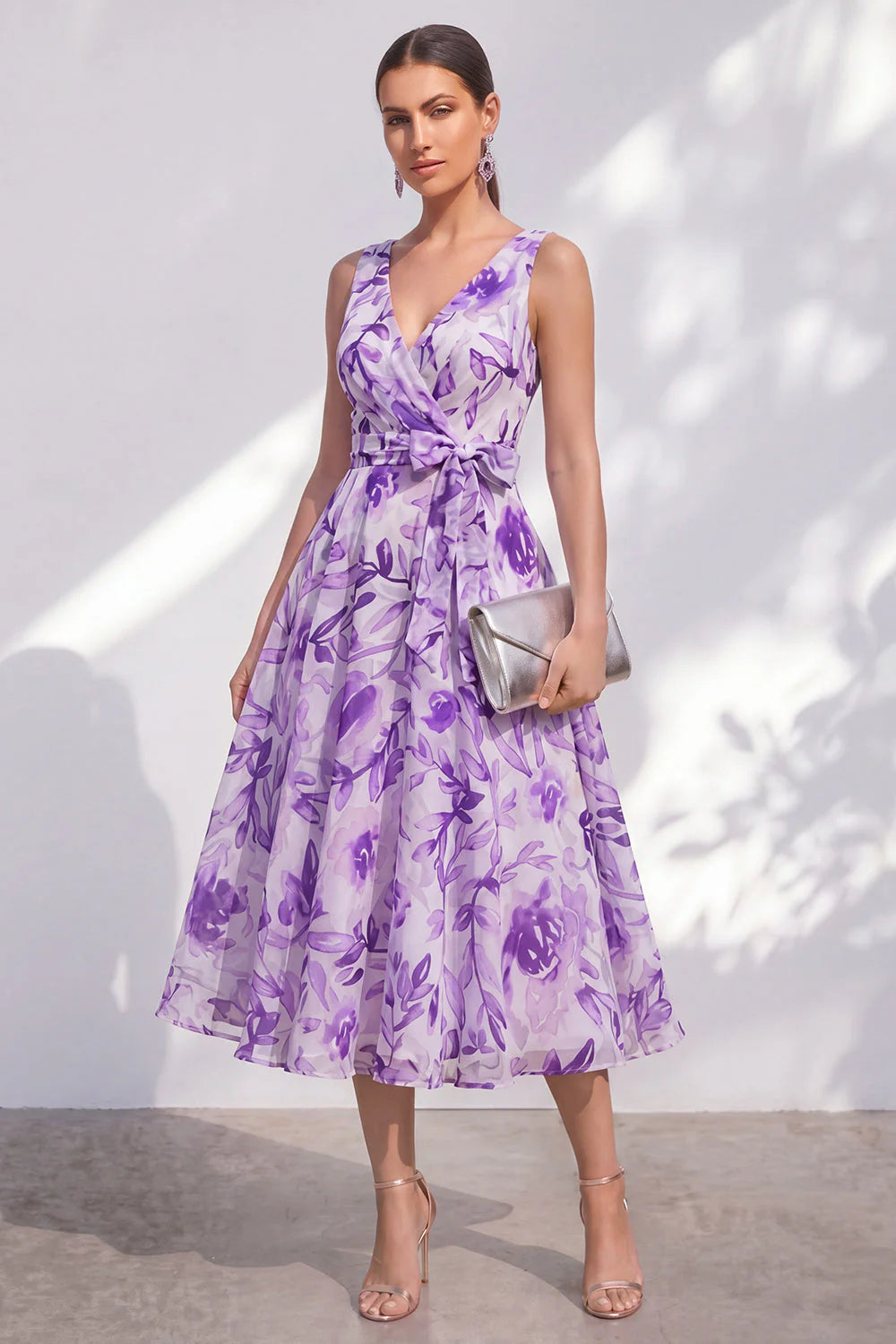 Purple Flower A Line V Neck Wedding Guest Dress with Belt