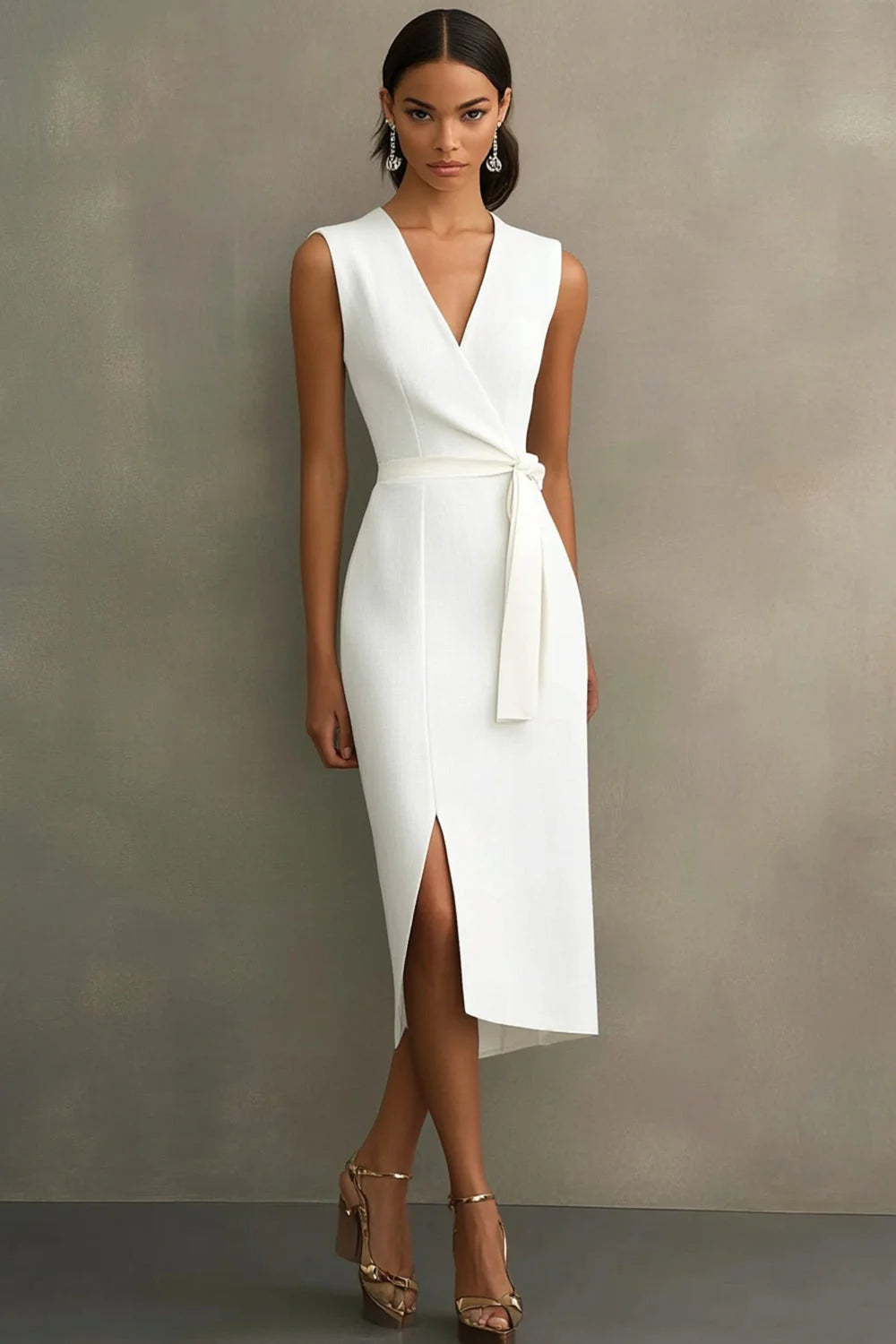 White Satin V Neck Work Dress with Belt