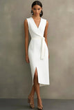 White Satin V Neck Work Dress with Belt