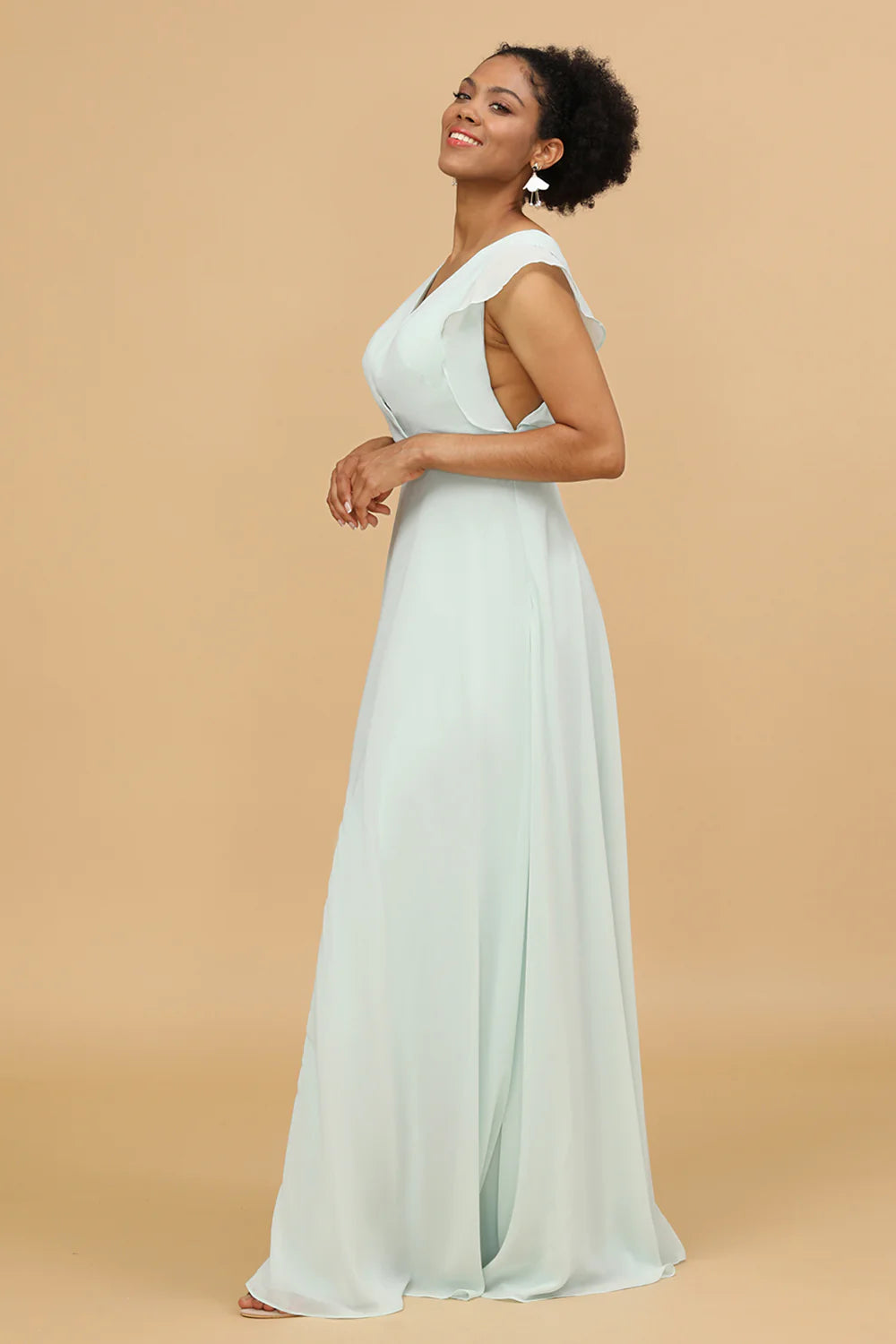 Mint V Neck Long Chiffon Bridesmaid Dress with Slit