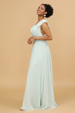 Mint V Neck Long Chiffon Bridesmaid Dress with Slit
