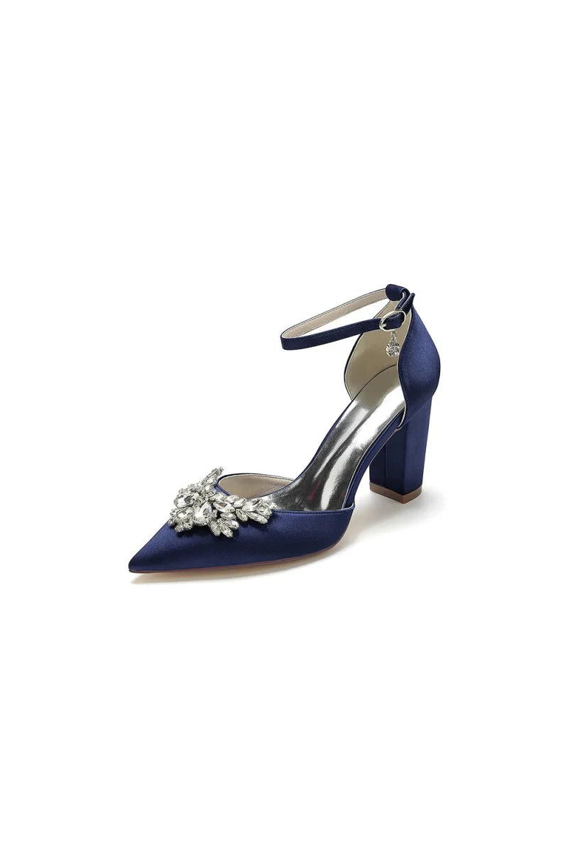 Rhinestone Pointed Toe Ankle Strap Satin Chunky Heel