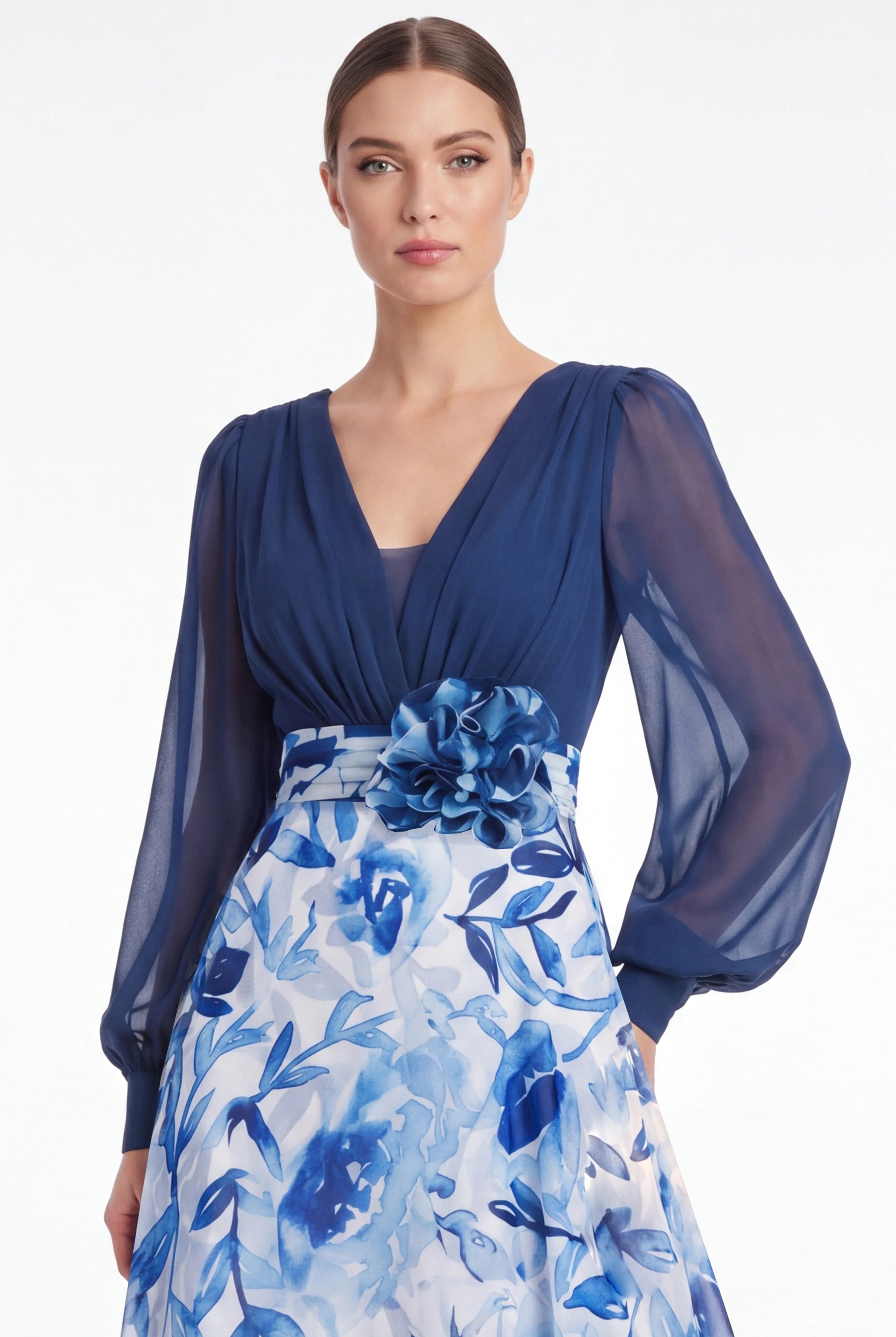 A Line Blue Flower V Neck Mother of the Bride Dress with Long Sleeves