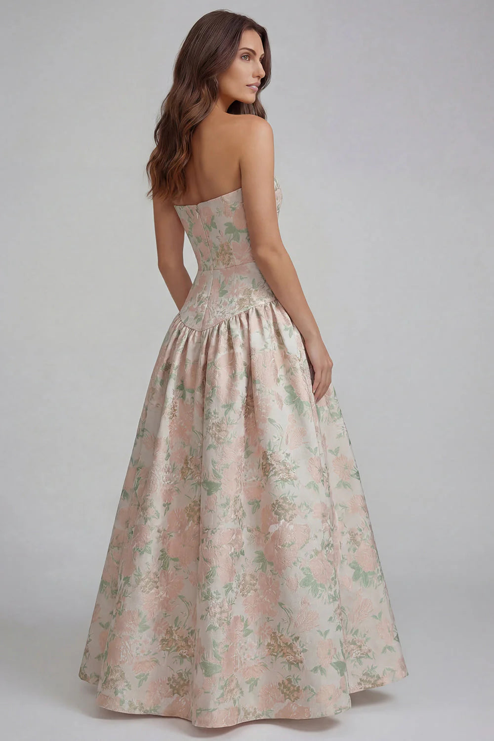 Blue White Flower Printed Strapless A Line Long Wedding Guest Dress