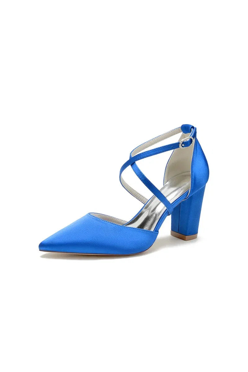White Satin Pump with Cross Strap and Metal Accent