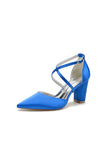 White Satin Pump with Cross Strap and Metal Accent