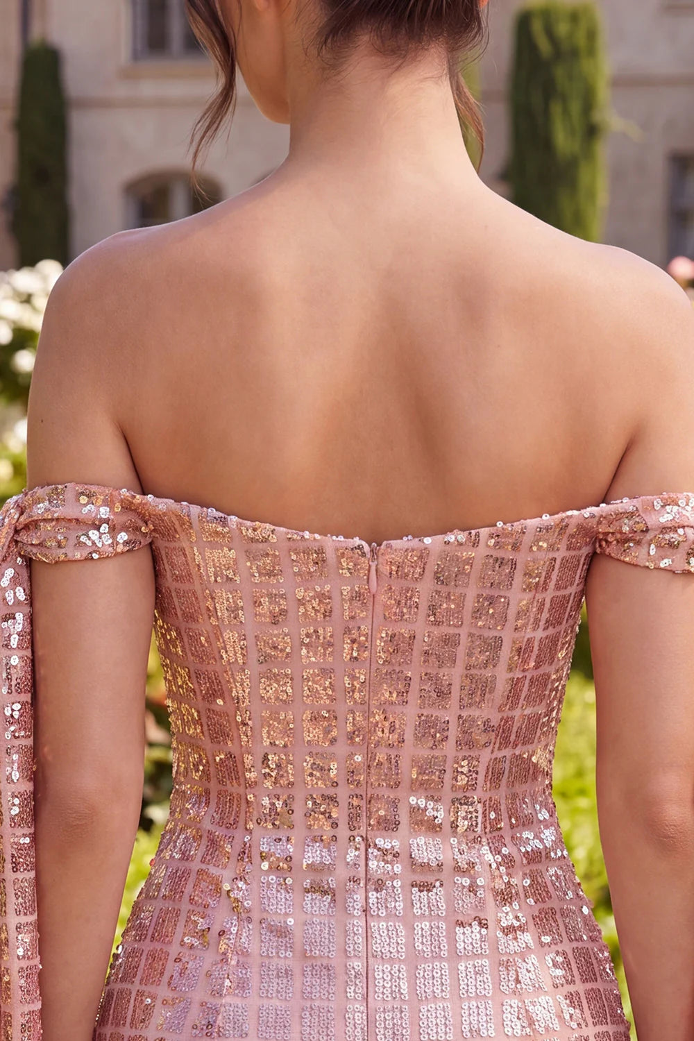 Sparkly Champagne Off the Shoulder Bodycon Homecoming Dress