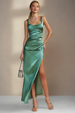 Emerald Green Sheath Square Neck Satin Midi Formal Dress with Slit