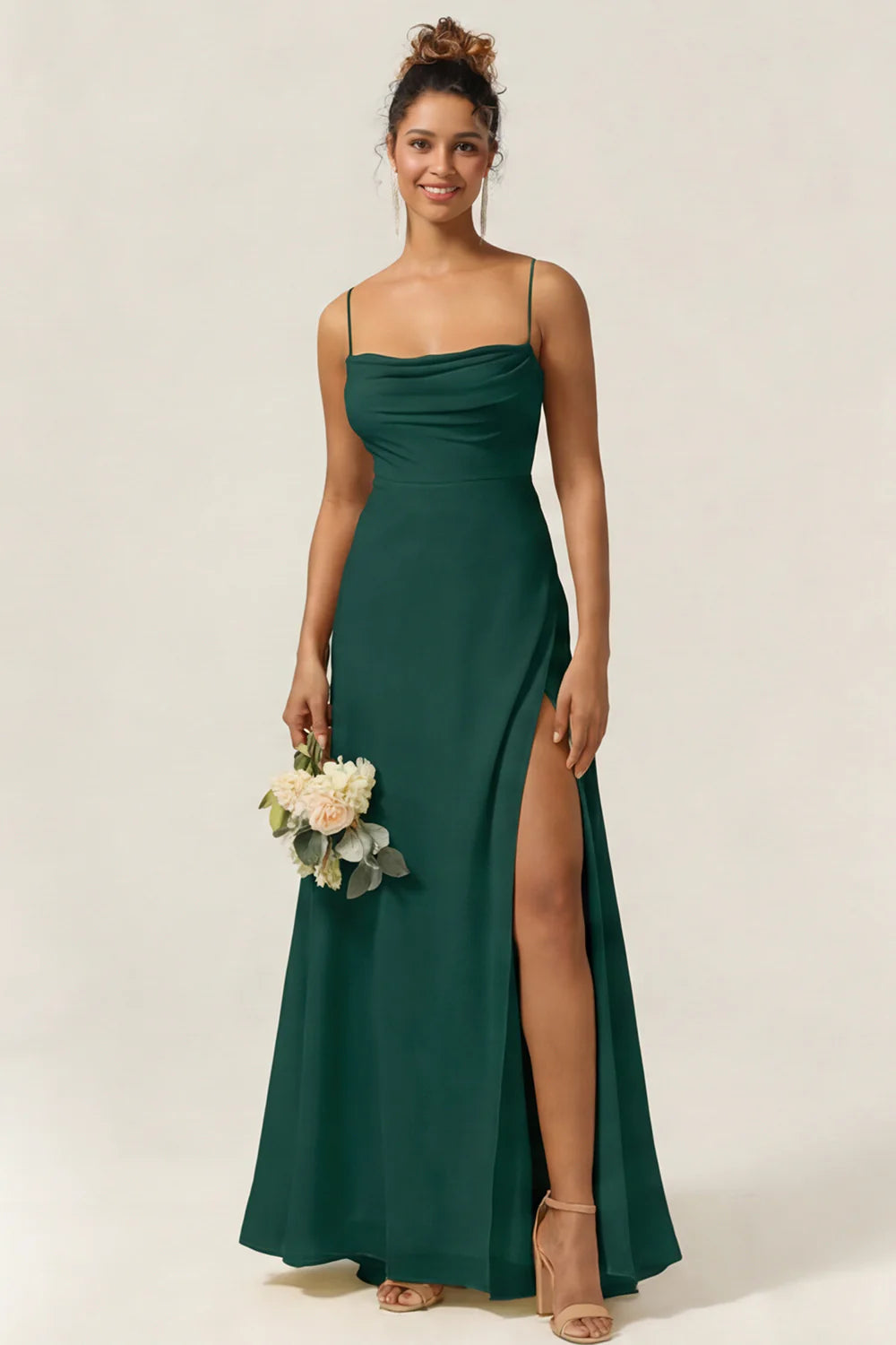 Blue Flower A Line Spaghetti Straps Chiffon Long Bridesmaid Dress with Slit