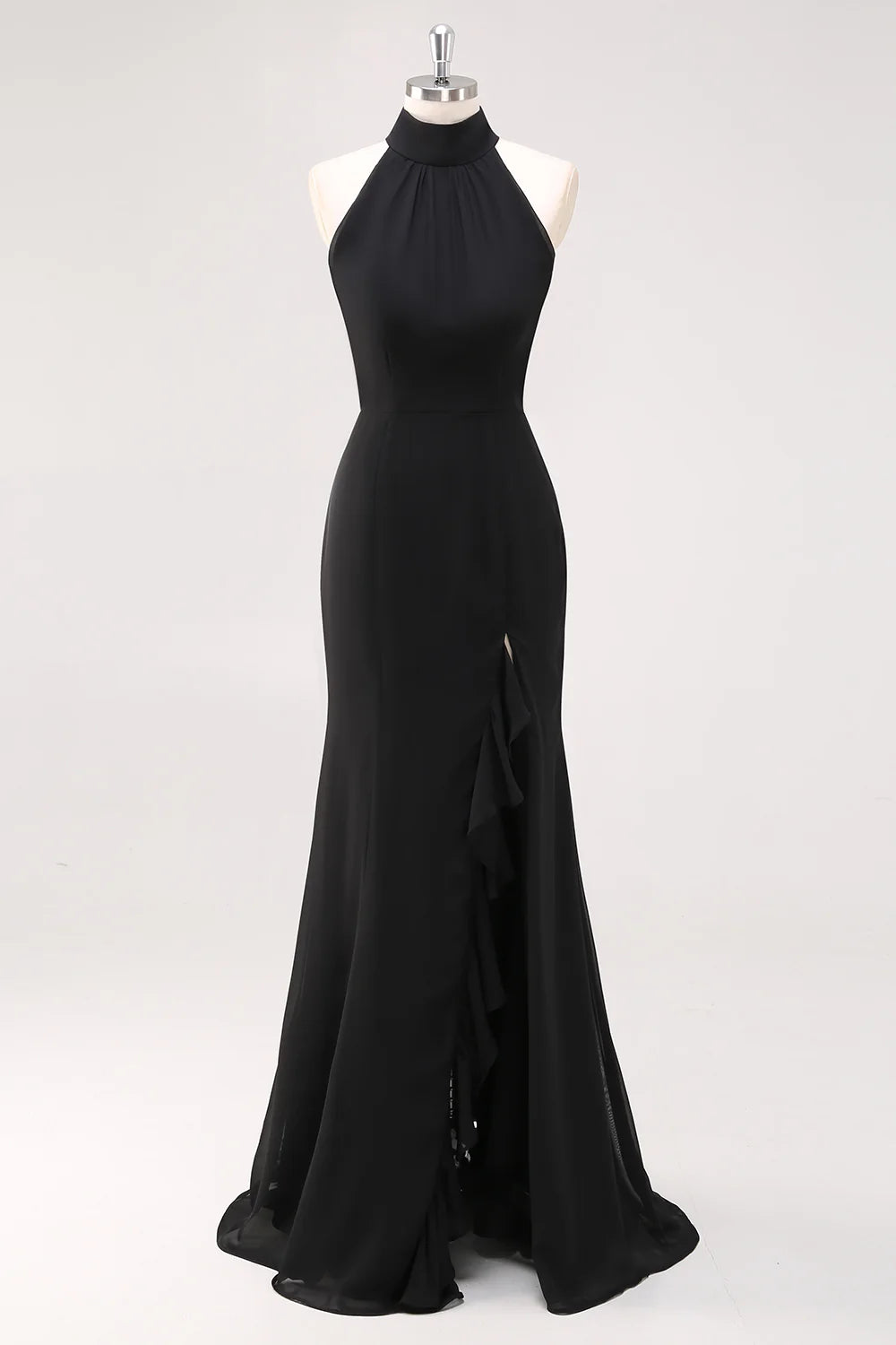 Black Mermaid Halter Neck Ruffled Long Formal Dress with Slit