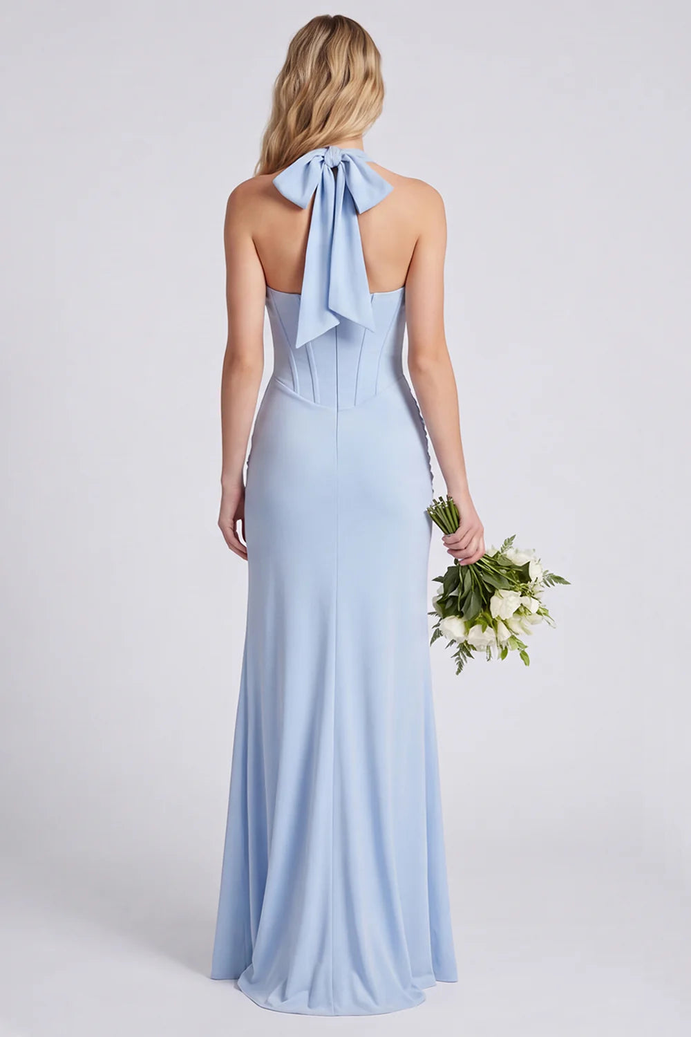 Light Blue Halter Ruched Mermaid Corset Bridesmaid Dress