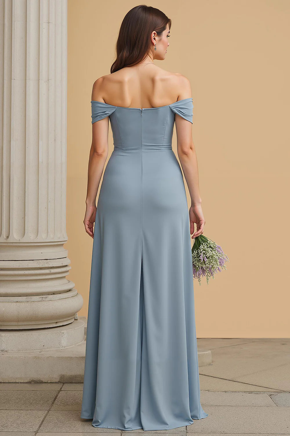 Dusty Blue A Line Off The Shoulder Bridesmaid Dress with Slit